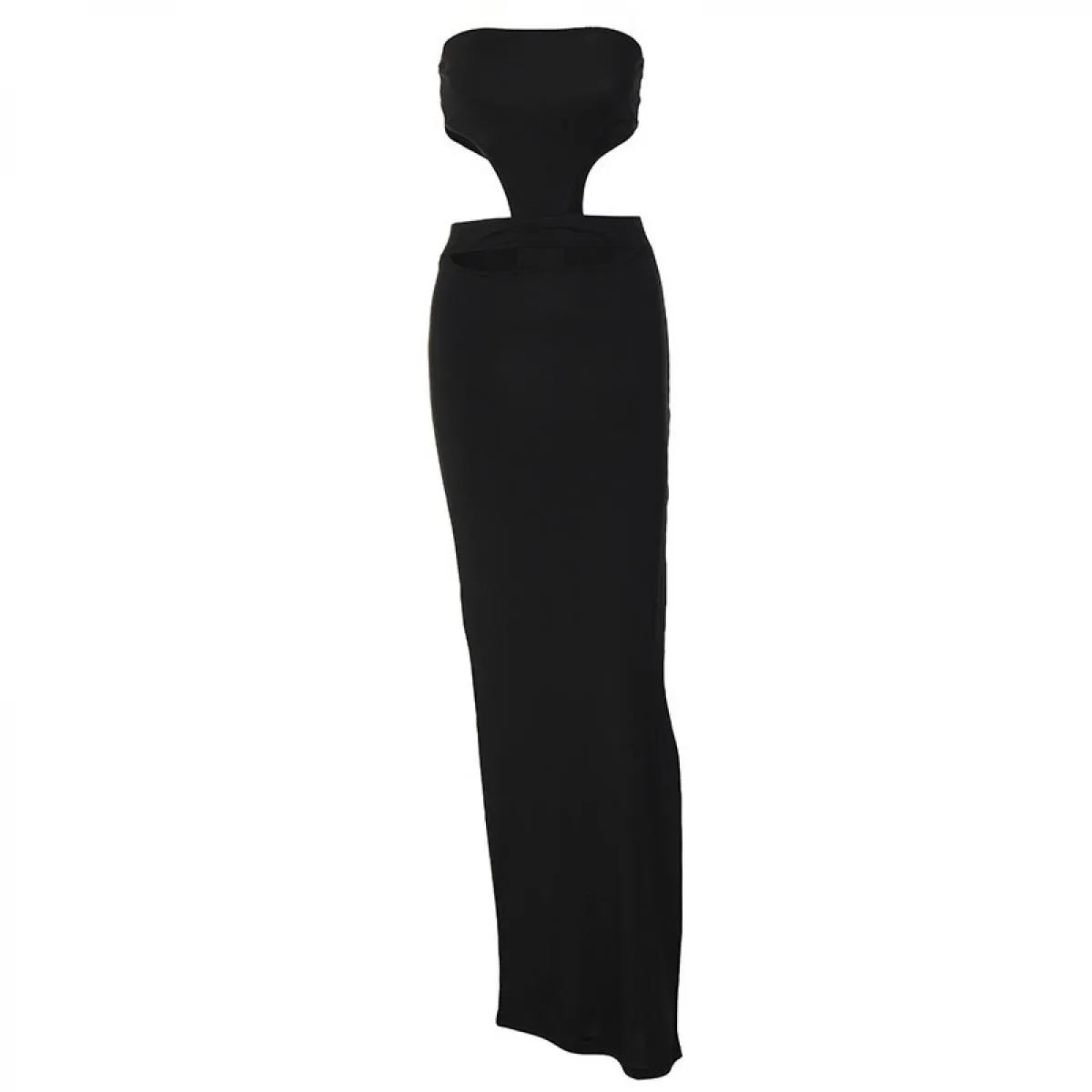 066 Abito da sera nero di design da donna Abito lungo fino al pavimento con fessura cava senza spalline