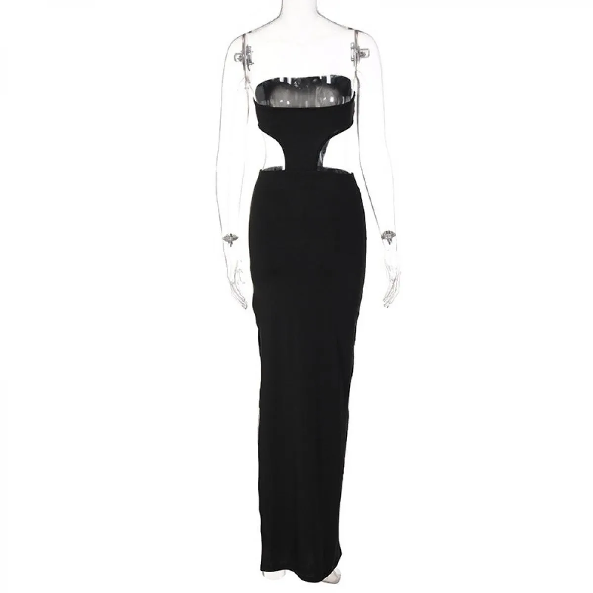 066 Abito da sera nero di design da donna Abito lungo fino al pavimento con fessura cava senza spalline