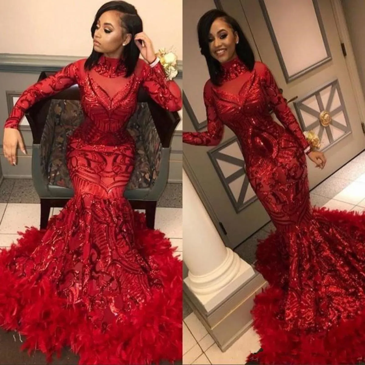 Abiti da ballo africani eleganti a sirena rossa per le donne 2023 collo alto a maniche lunghe con piume e strascico con paillett