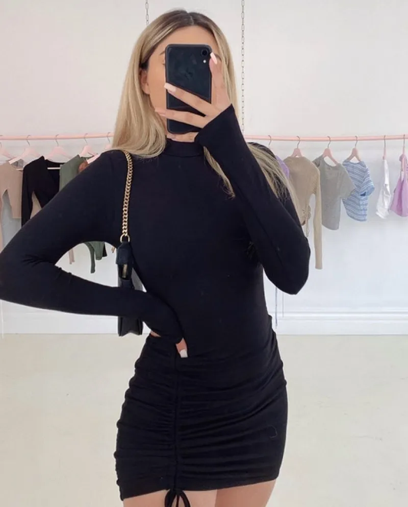 Abito aderente a maniche lunghe increspato Abito da donna a collo alto con fasciatura Mini abiti da festa elasticizzato nero aut