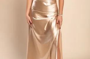 Abito midi in simil raso, beige