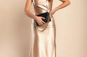 Abito midi in simil raso, beige