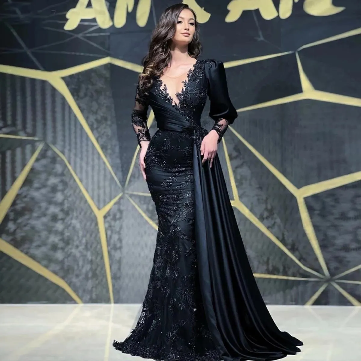 Affascinanti abiti da sera neri 2023 maniche lunghe in pizzo pieno donna elegante sirena abiti da ballo formali per feste Dubai