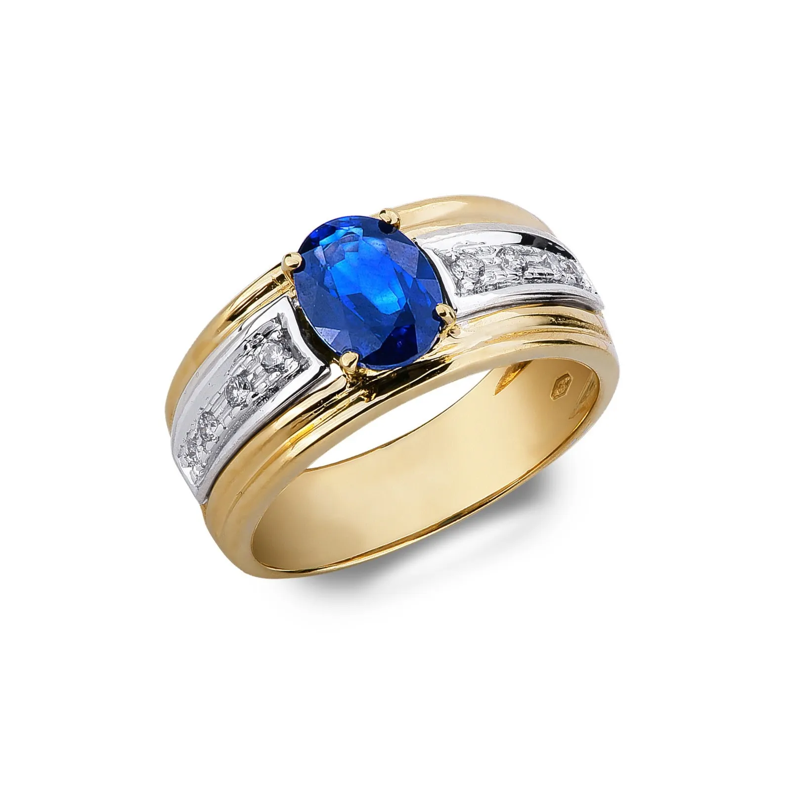 Anello fascia in oro bianco e giallo 18k con zaffiro blu e diamanti