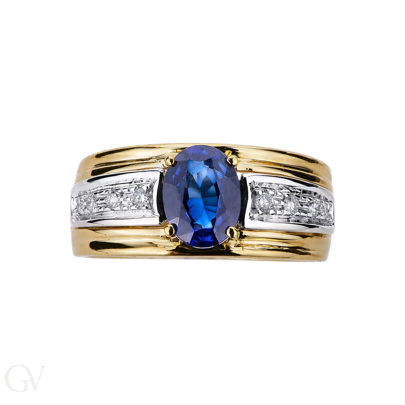 Anello fascia in oro bianco e giallo 18k con zaffiro blu e diamanti