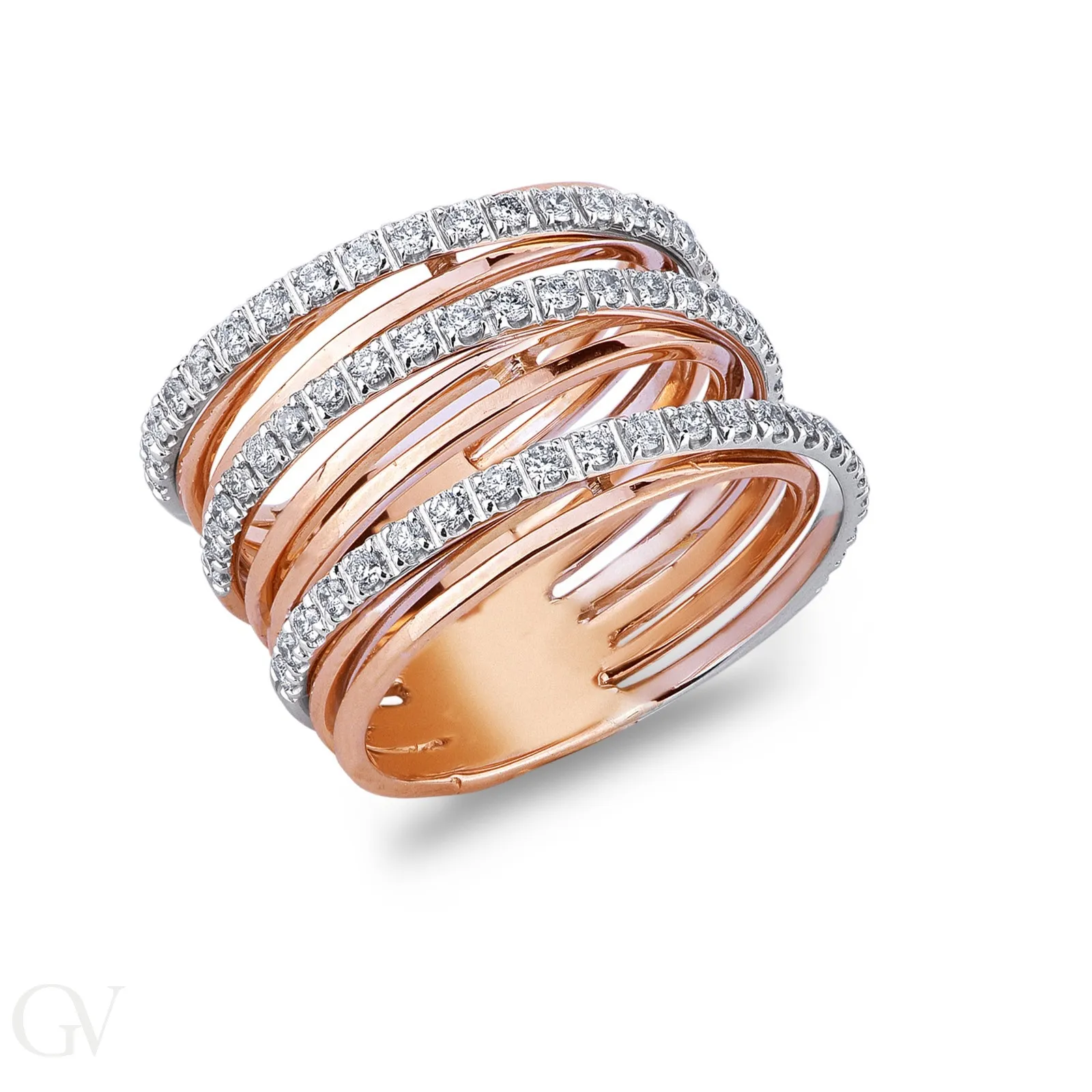 Anello fascia in oro bianco e oro rosa 18k con diamanti.