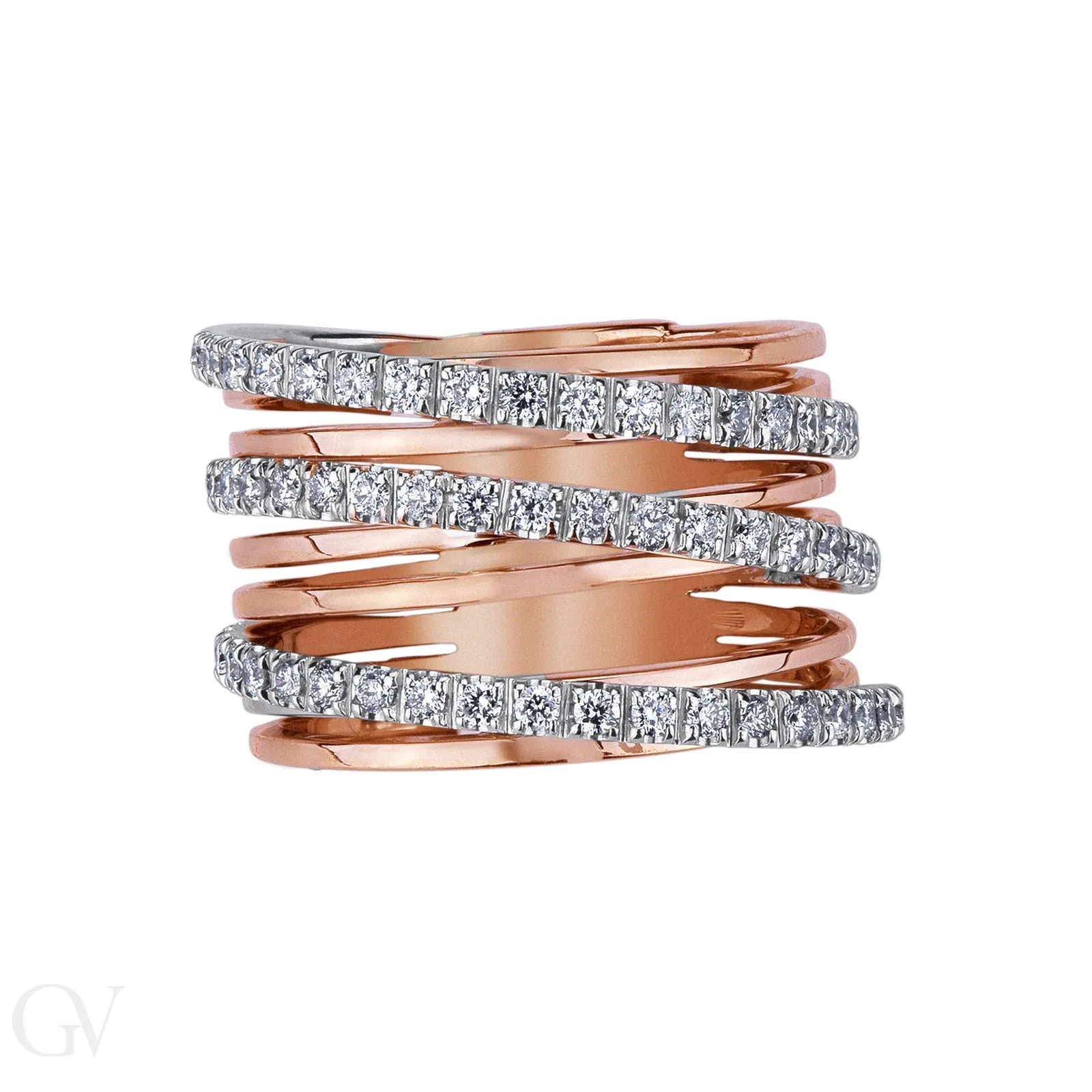Anello fascia in oro bianco e oro rosa 18k con diamanti.