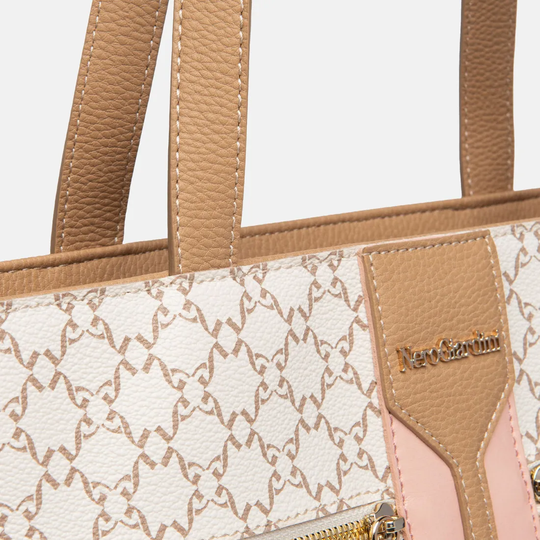 Borsa Tote NeroGiardini latte, rosa e cuoio con stampa logata