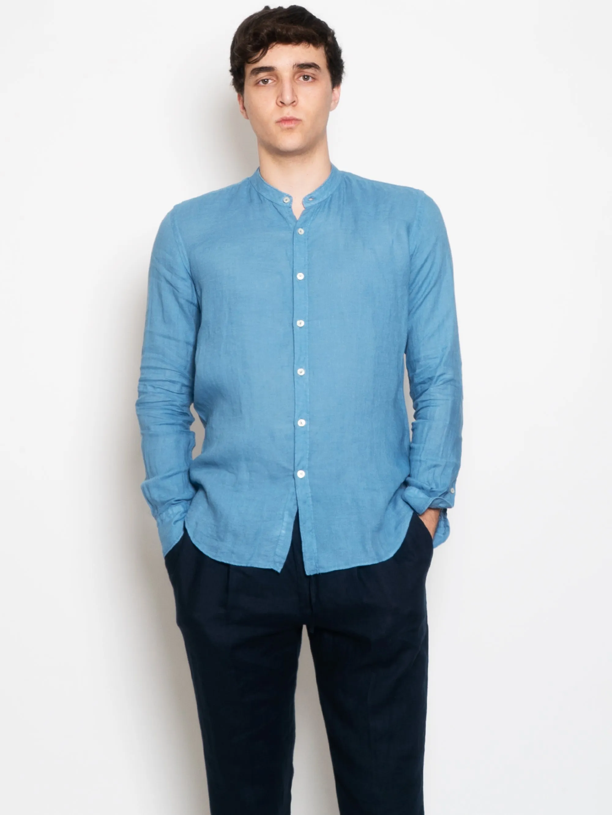 Camicia Coreana in Lino Blu