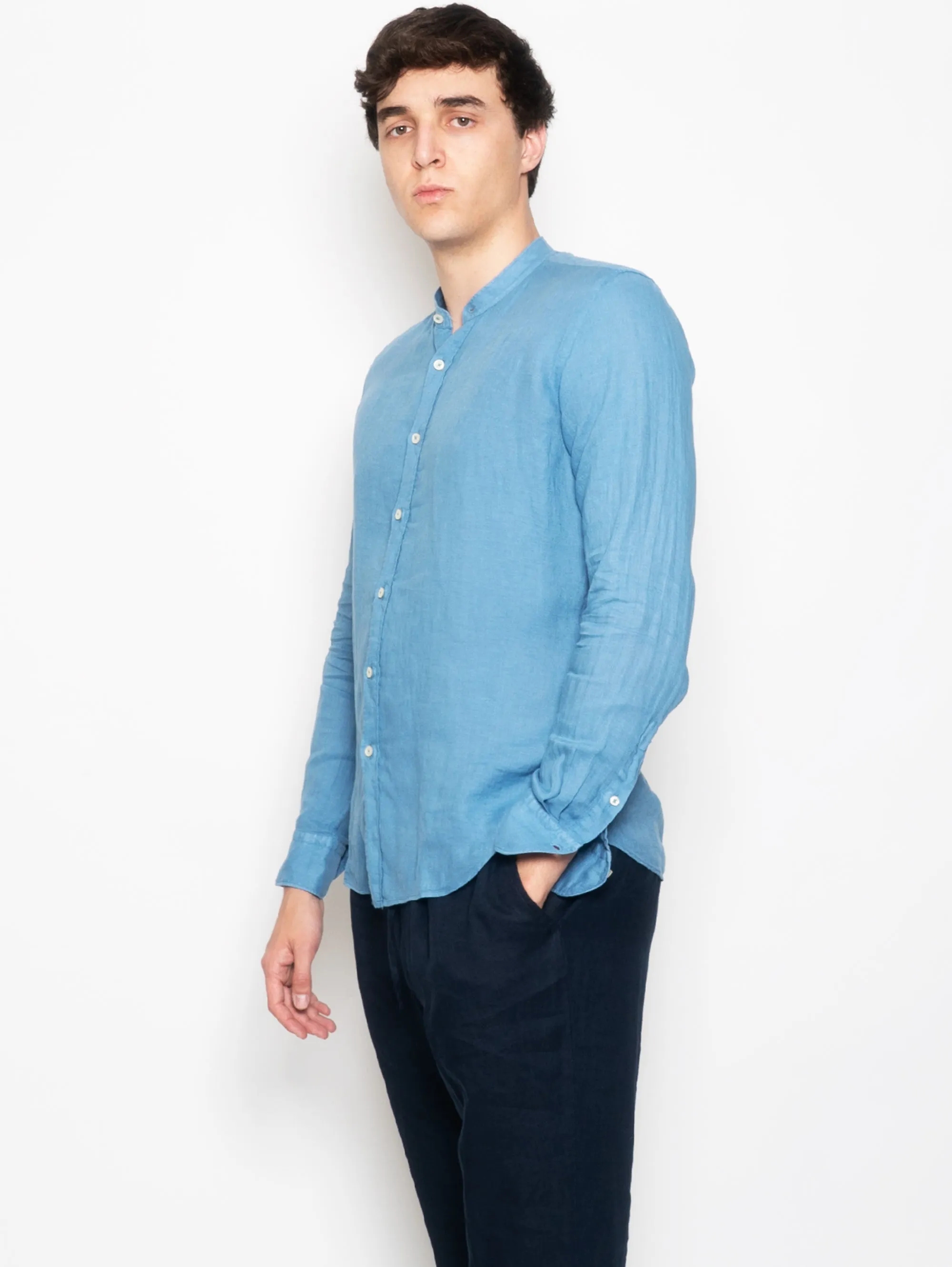 Camicia Coreana in Lino Blu