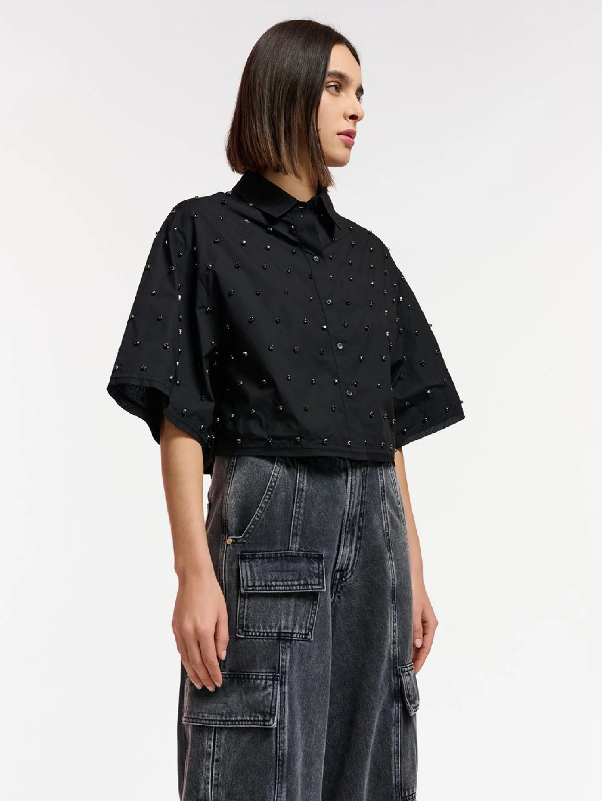 Camicia Cropped con Strass Nero