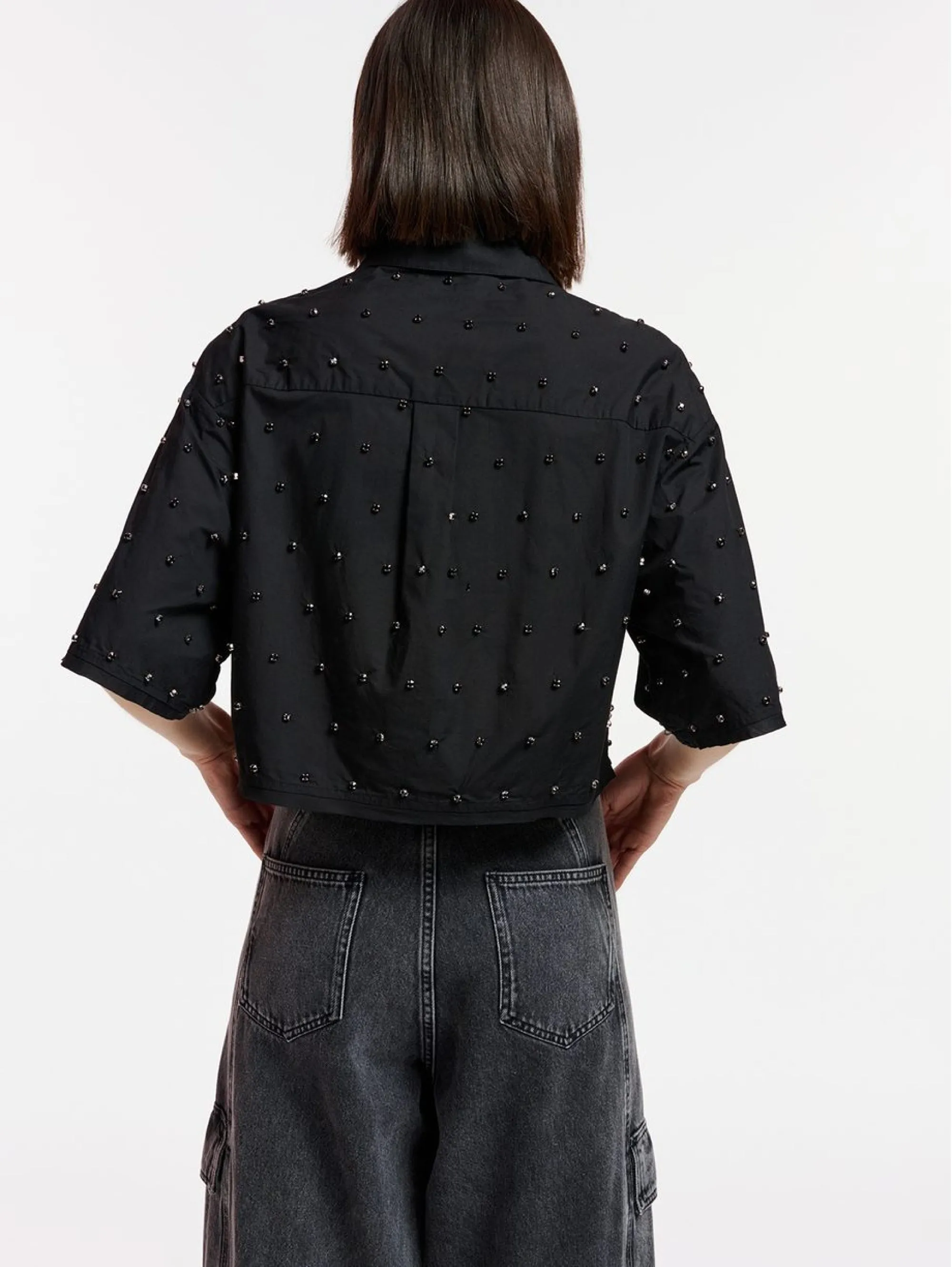 Camicia Cropped con Strass Nero