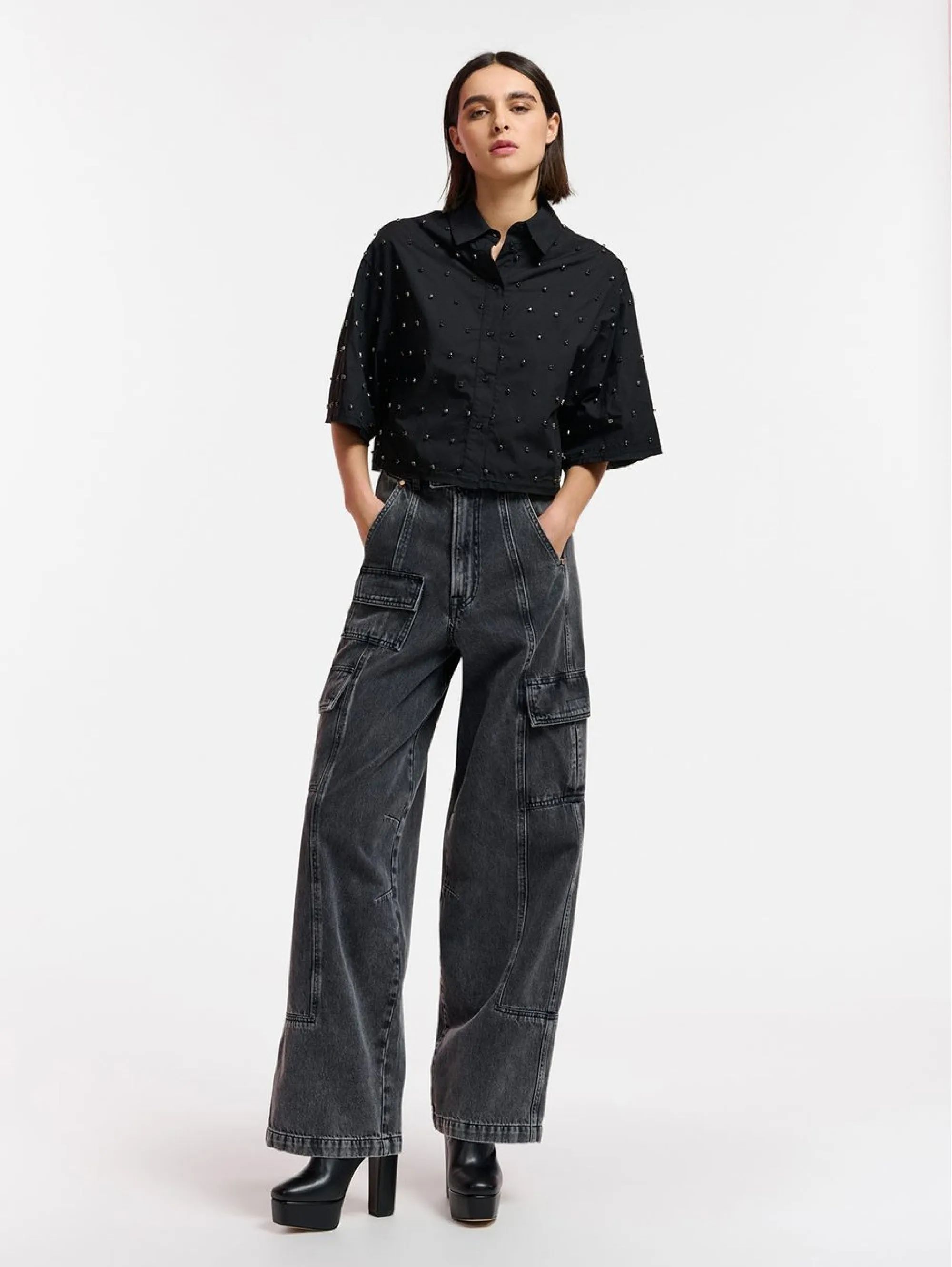 Camicia Cropped con Strass Nero