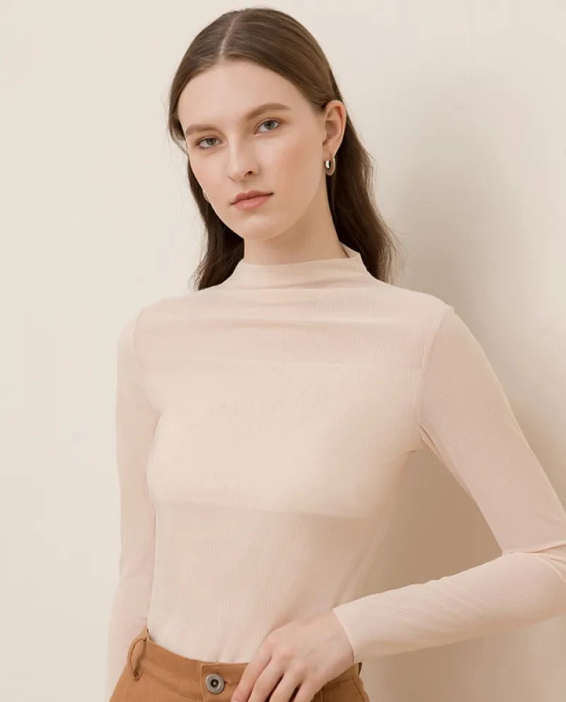 Camicia da donna a maniche lunghe in maglia tinta unita con collo alto e inizio autunno trasparente stile auto-coltivazione