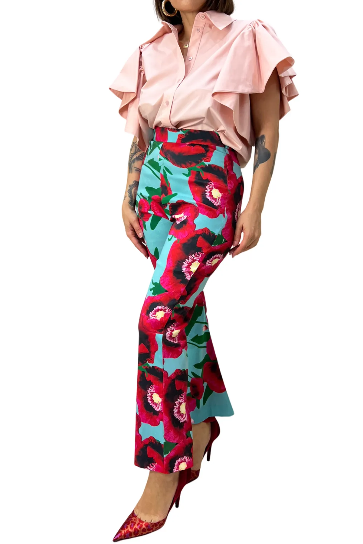 Camicia donna in cotone strutturato manica ampia voilant corta apertura sulla schiena