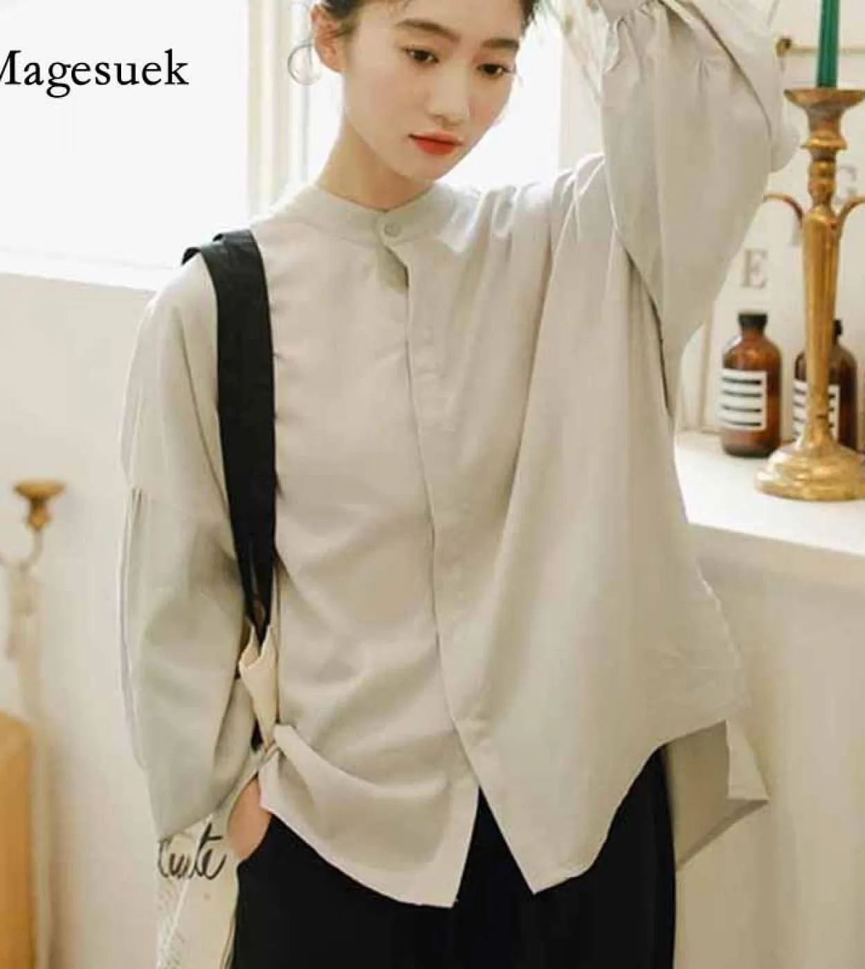 Camicie casual versatili letterarie da donna Camicie cardigan solide Camicetta a maniche lunghe a lanterna con collo alto autunn