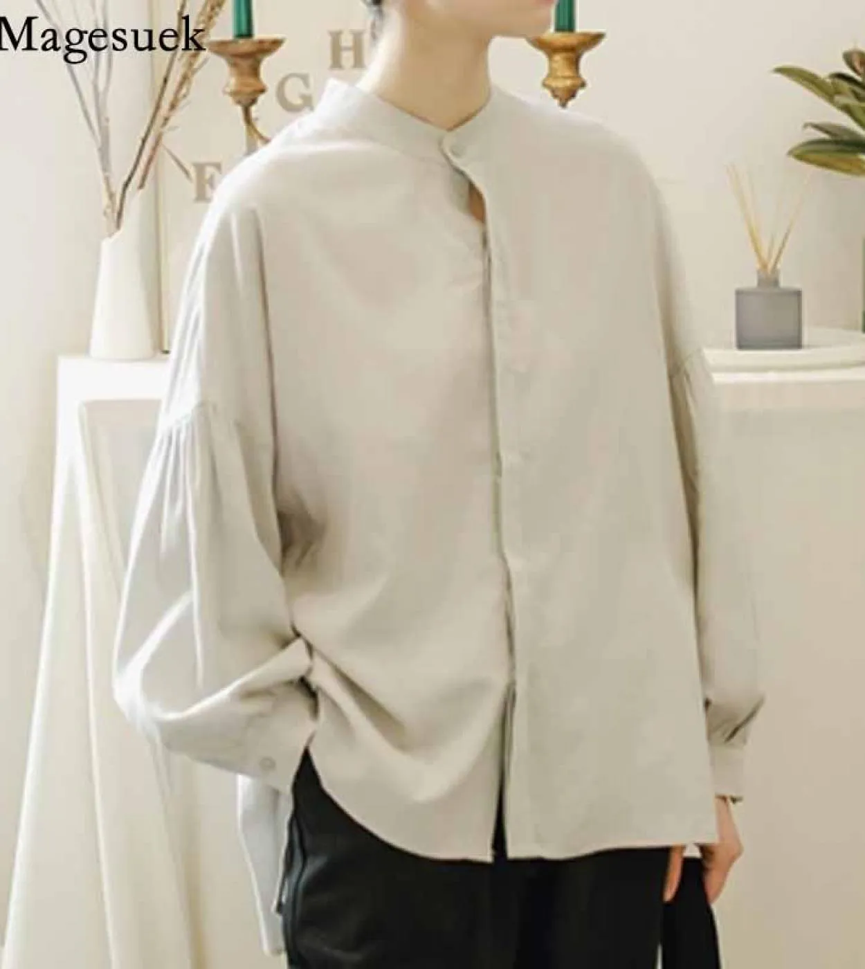 Camicie casual versatili letterarie da donna Camicie cardigan solide Camicetta a maniche lunghe a lanterna con collo alto autunn