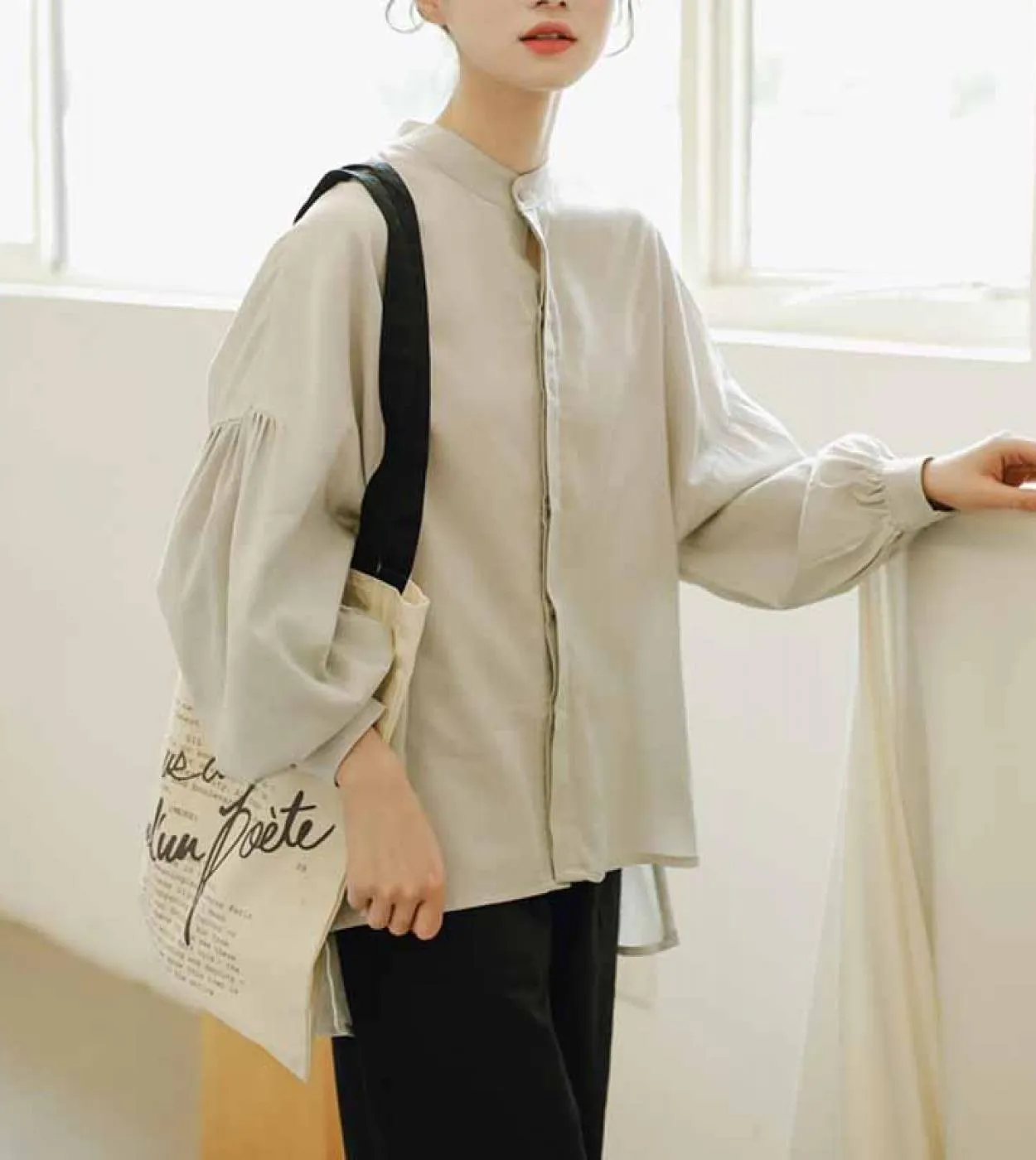 Camicie casual versatili letterarie da donna Camicie cardigan solide Camicetta a maniche lunghe a lanterna con collo alto autunn