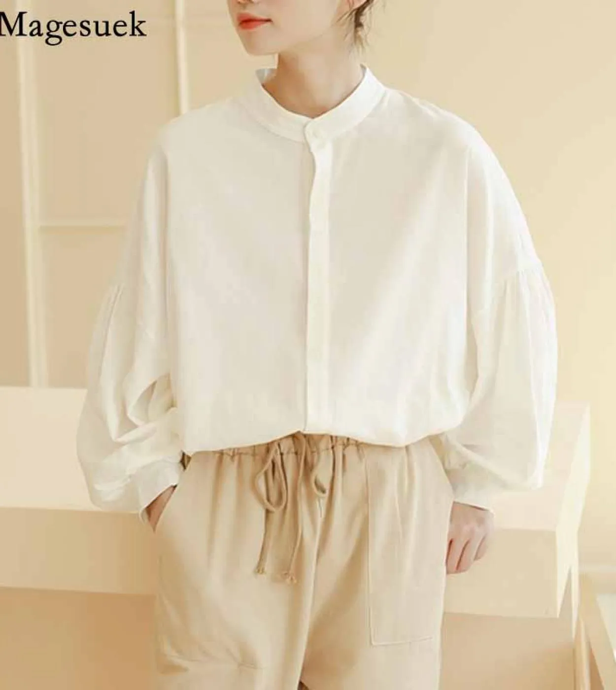 Camicie casual versatili letterarie da donna Camicie cardigan solide Camicetta a maniche lunghe a lanterna con collo alto autunn