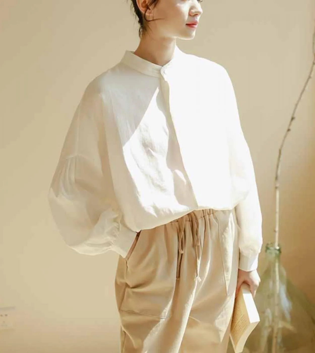 Camicie casual versatili letterarie da donna Camicie cardigan solide Camicetta a maniche lunghe a lanterna con collo alto autunn