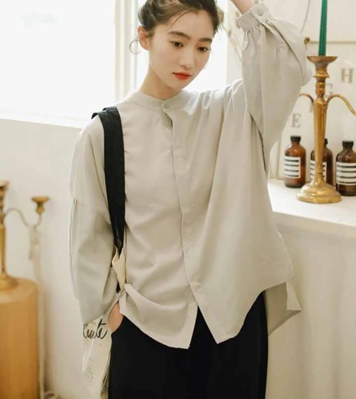 Camicie casual versatili letterarie da donna Camicie cardigan solide Camicetta a maniche lunghe a lanterna con collo alto autunn