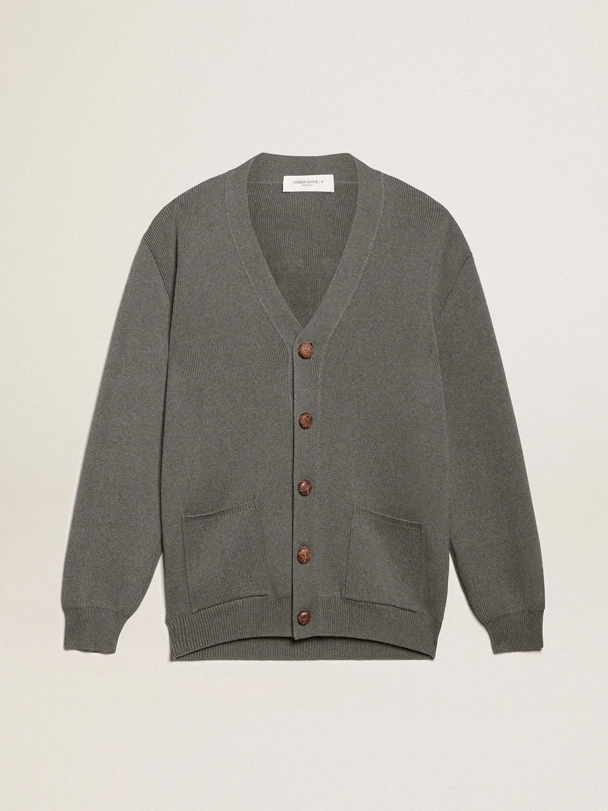 Cardigan da donna in cotone grigio mélange con logo sul retro