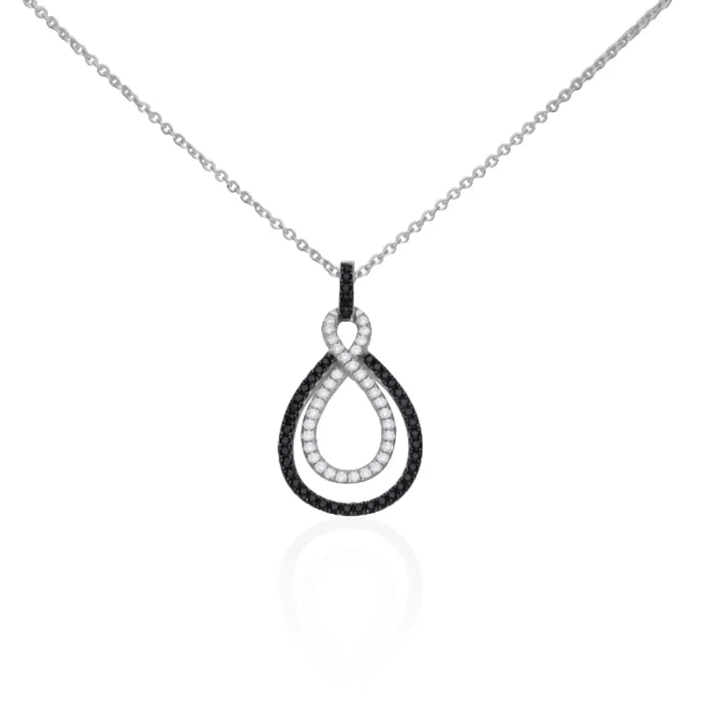 Collana con ciondolo a goccia in argento rodiato e zirconi bianchi e neri