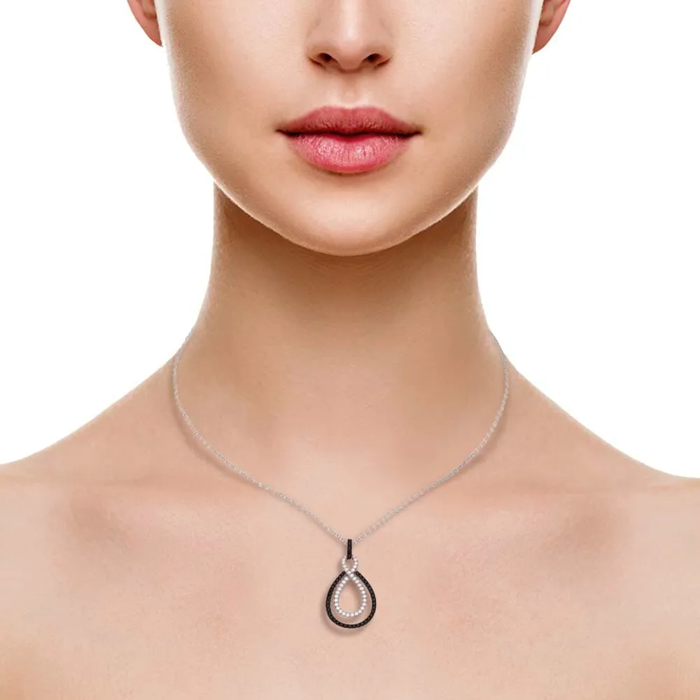 Collana con ciondolo a goccia in argento rodiato e zirconi bianchi e neri