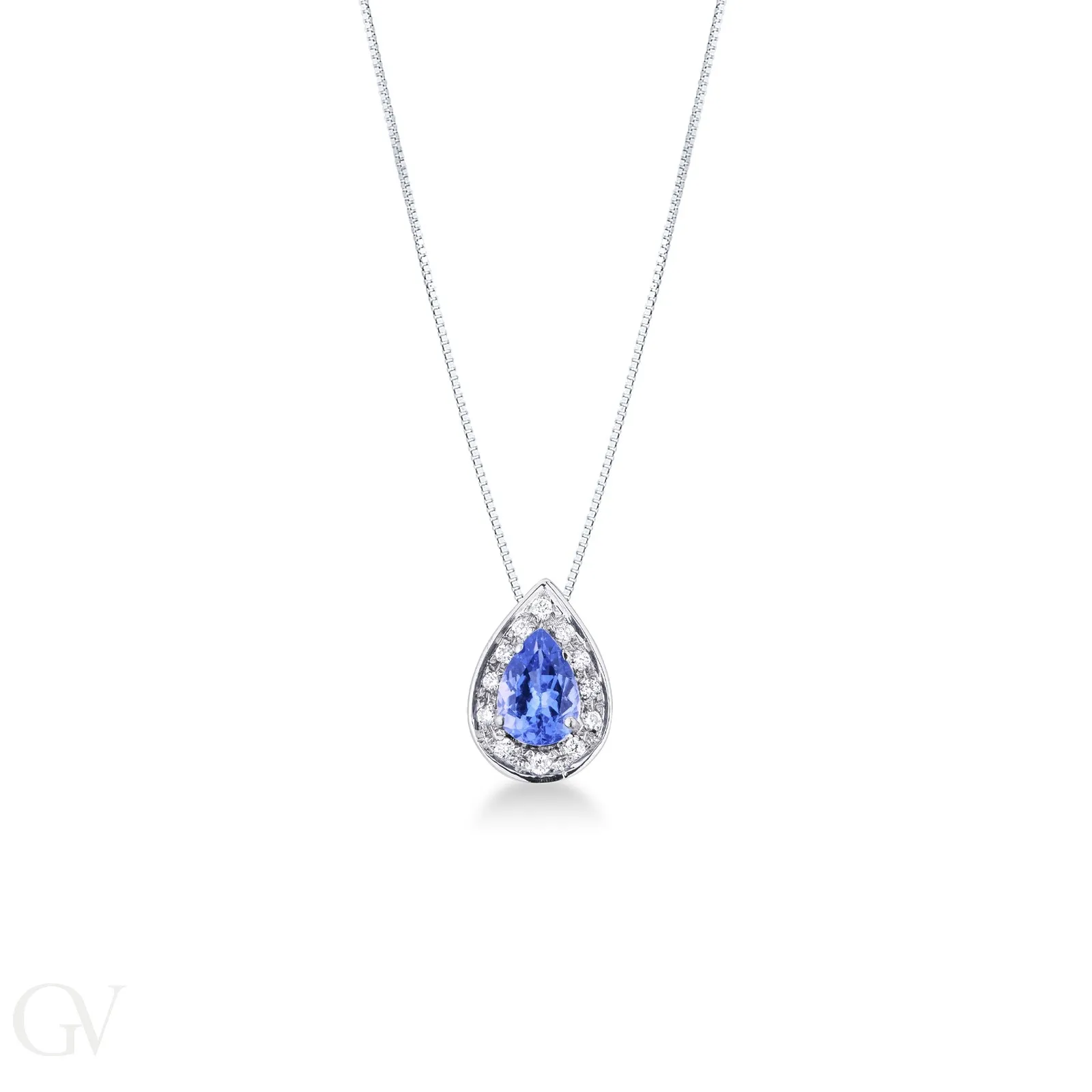 Collana con ciondolo in oro bianco 18k, tanzanite a goccia e diamanti a contorno. Misura circa 1.25x0.85 cm