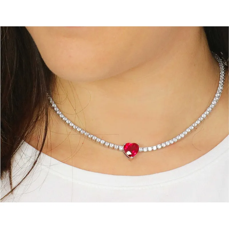 Collana Donna Tennis Cuore Rosso Argento 925