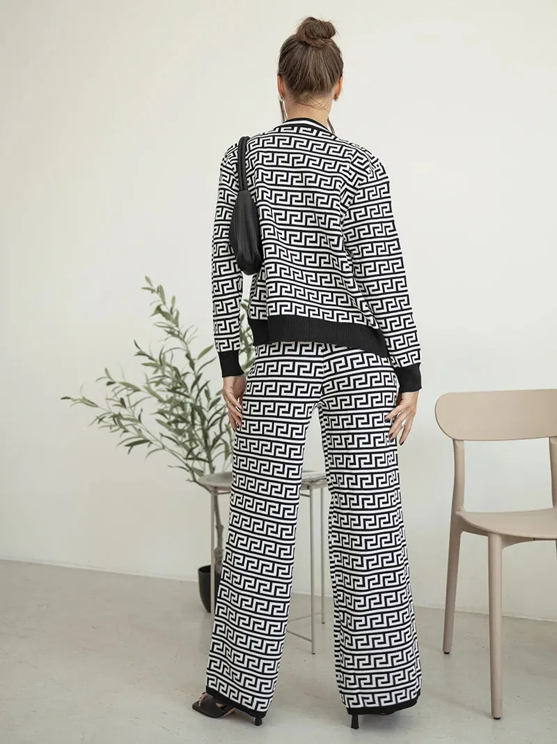 Completo Donna Lavorato Maglia 3 Pezzi Coordinato Ricamato Gilet Maglia Pantalone Elastico Manica Lunga