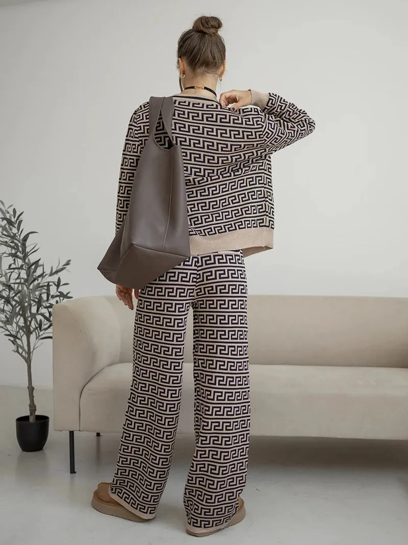 Completo Donna Lavorato Maglia 3 Pezzi Coordinato Ricamato Gilet Maglia Pantalone Elastico Manica Lunga