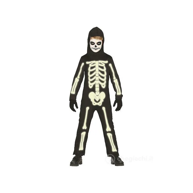COSTUME CARNEVALE/HALLOWEEN SCHELETRO FLORESCENTE BABY 5/6 ANNI VESTITO COMPLETO TUTA NERA CON CAPUCCIO NO ACCESSORI