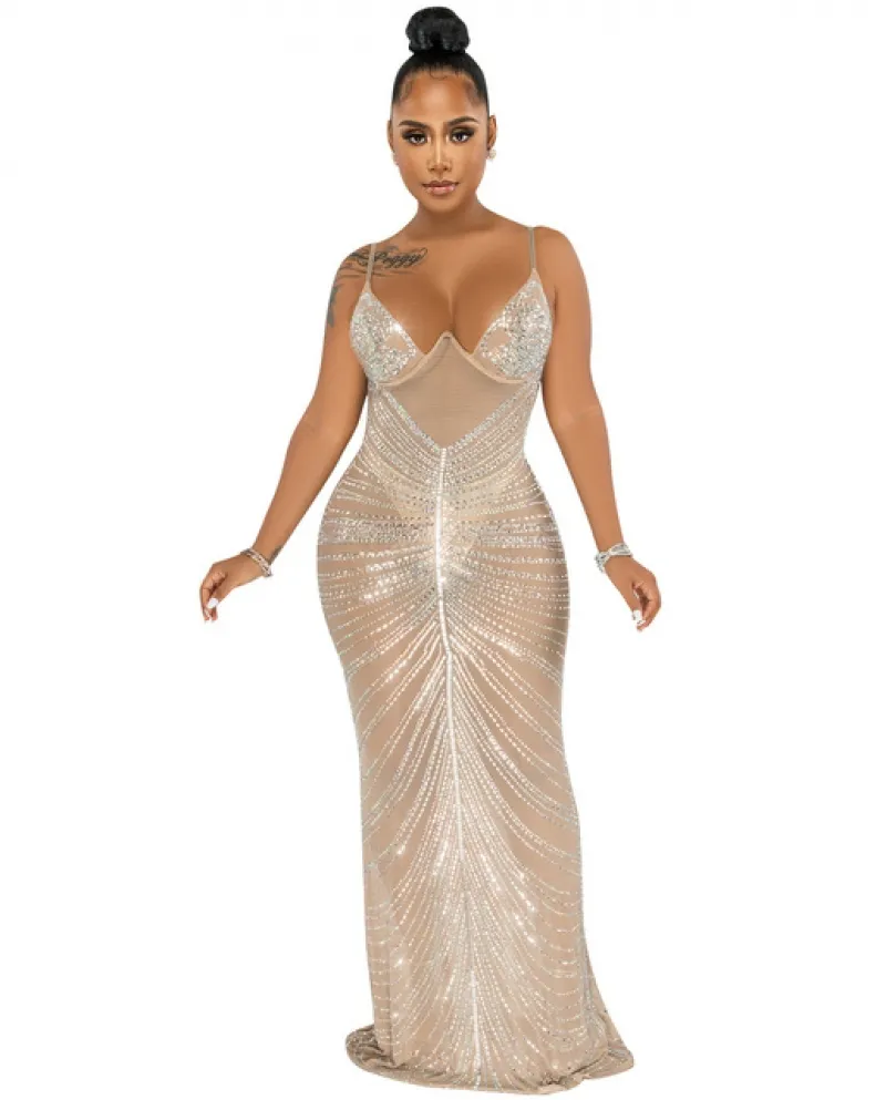 Cutubly Abito da donna Abiti eleganti Diamanti Abito di cristallo Party Club Lunghezza del pavimento Cinghie Sheer Mesh See Thro