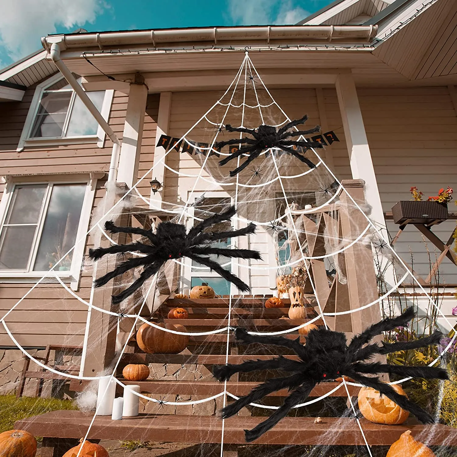 Derogras Halloween Decorazioni Casa,13 Pezzi Ragno Addobbi Halloween (3 Grandi+10 Mini) con 500 cm Ragnatele Halloween Decorazio