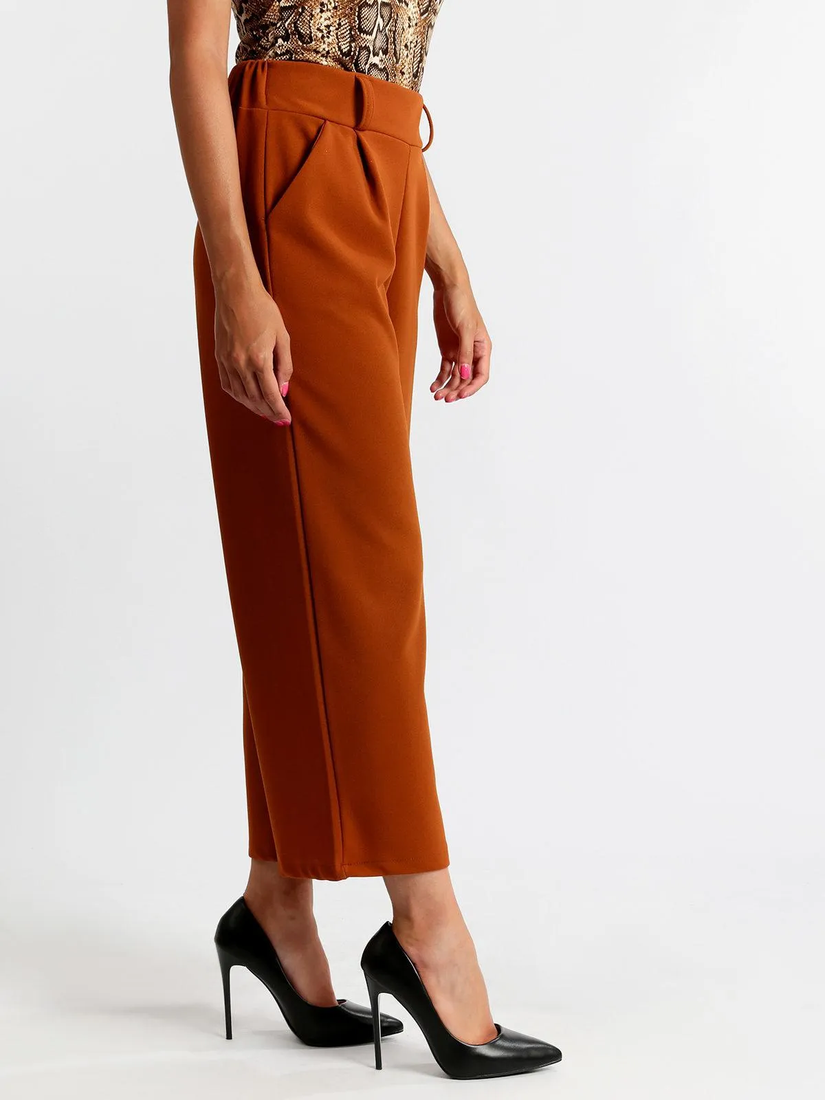 Frenetika Pantalon palazzo marron taille haute