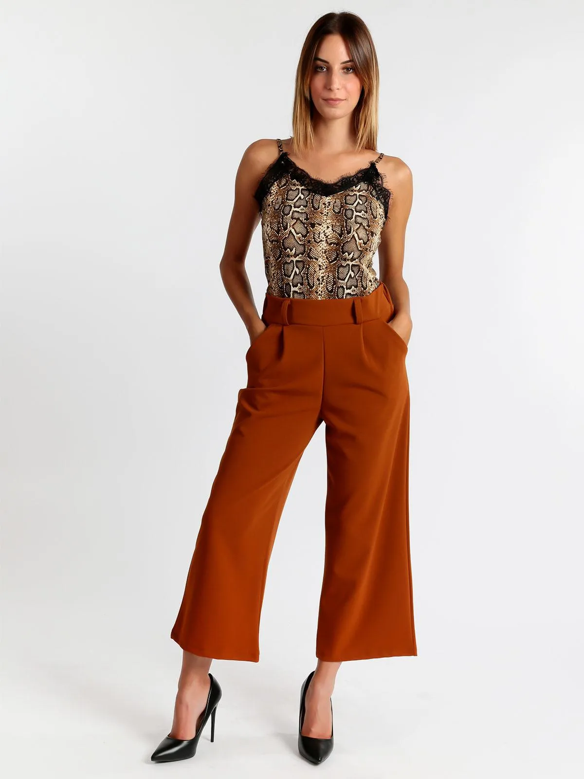 Frenetika Pantalon palazzo marron taille haute