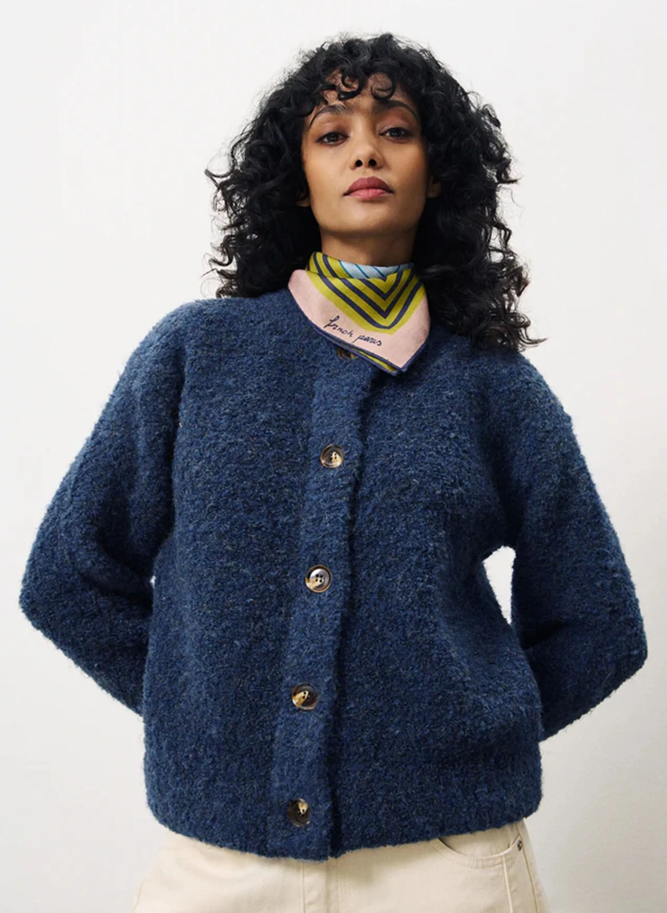  FRNCH   MEGANE - Cardigan girocollo in maglia bouclé | Blu