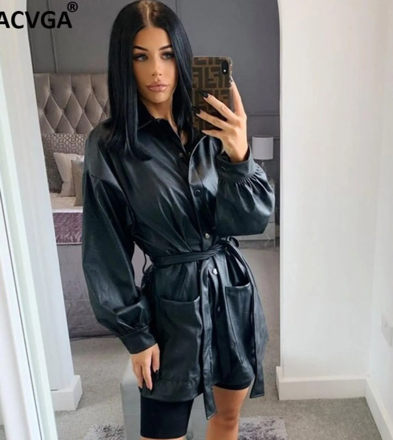 Gacvga Trench Coat For Women Belt Pocket Buttons High Waist Windbreaker Woman Black Casual Leather Jacket Fashion Street