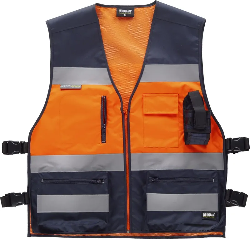 Gilet ad alta visibilità combinato con regolazioni laterali, multi tasche, nastri riflettenti Navy Orange AV