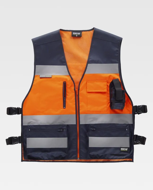 Gilet ad alta visibilità combinato con regolazioni laterali, multi tasche, nastri riflettenti Navy Orange AV
