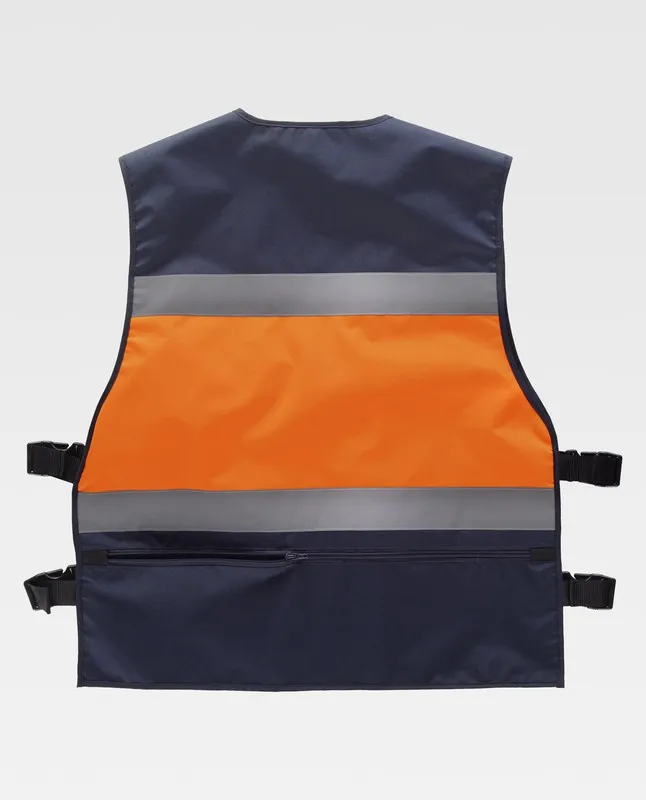 Gilet ad alta visibilità combinato con regolazioni laterali, multi tasche, nastri riflettenti Navy Orange AV