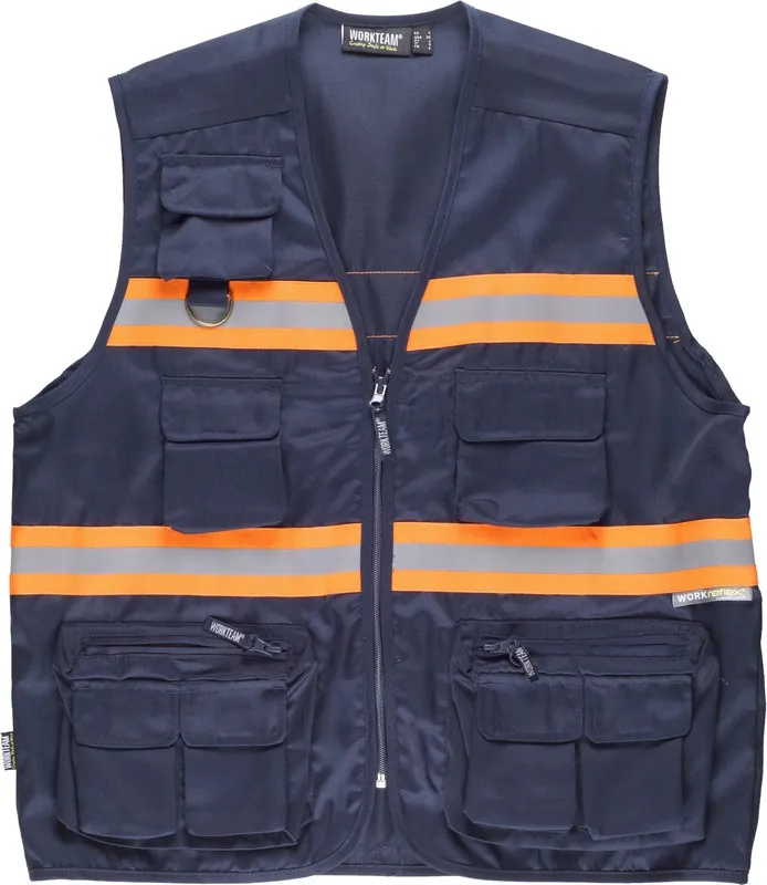 Gilet con chiusura a zip Multi tasche Nastri riflettenti bicolore Arancione navy AV