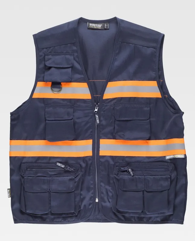 Gilet con chiusura a zip Multi tasche Nastri riflettenti bicolore Arancione navy AV