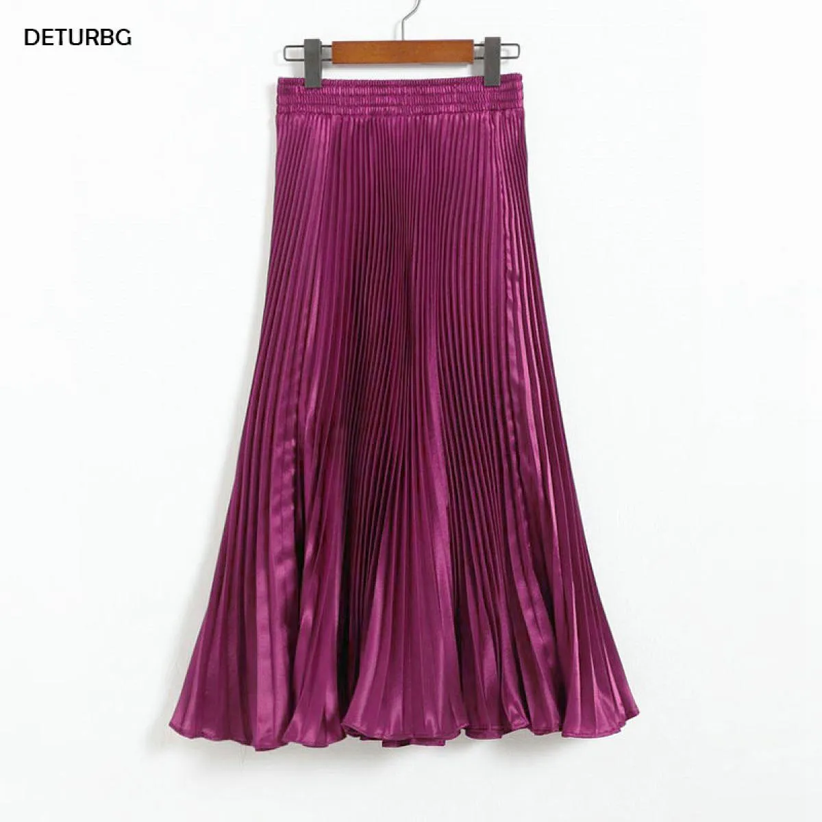 Gonna a sirena a pieghe da donna Stile primaverile femminile Casual Vita alta in raso Midi Gonne lunghe Shiny Saias 17 colori Sk