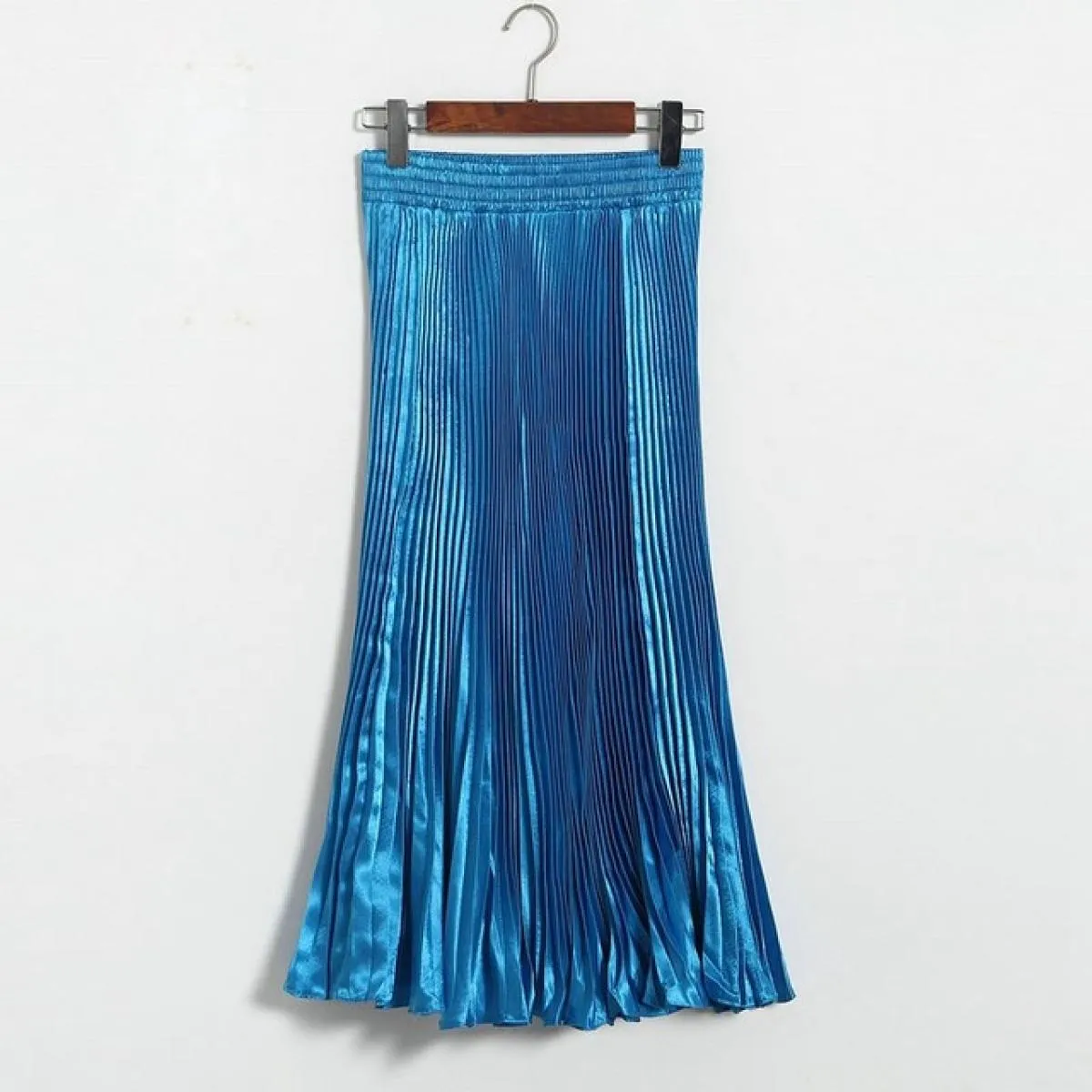 Gonna a sirena a pieghe da donna Stile primaverile femminile Casual Vita alta in raso Midi Gonne lunghe Shiny Saias 17 colori Sk