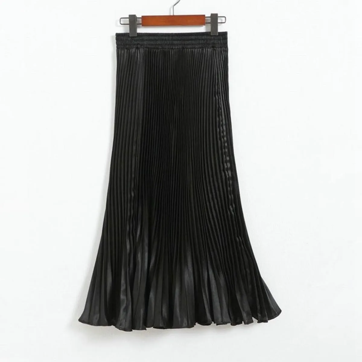 Gonna a sirena a pieghe da donna Stile primaverile femminile Casual Vita alta in raso Midi Gonne lunghe Shiny Saias 17 colori Sk