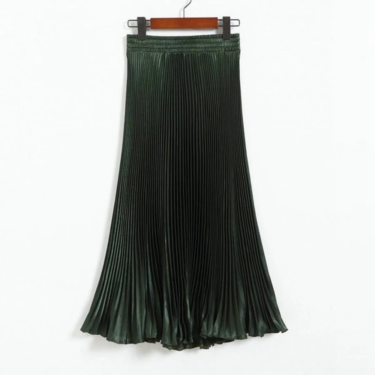 Gonna a sirena a pieghe da donna Stile primaverile femminile Casual Vita alta in raso Midi Gonne lunghe Shiny Saias 17 colori Sk