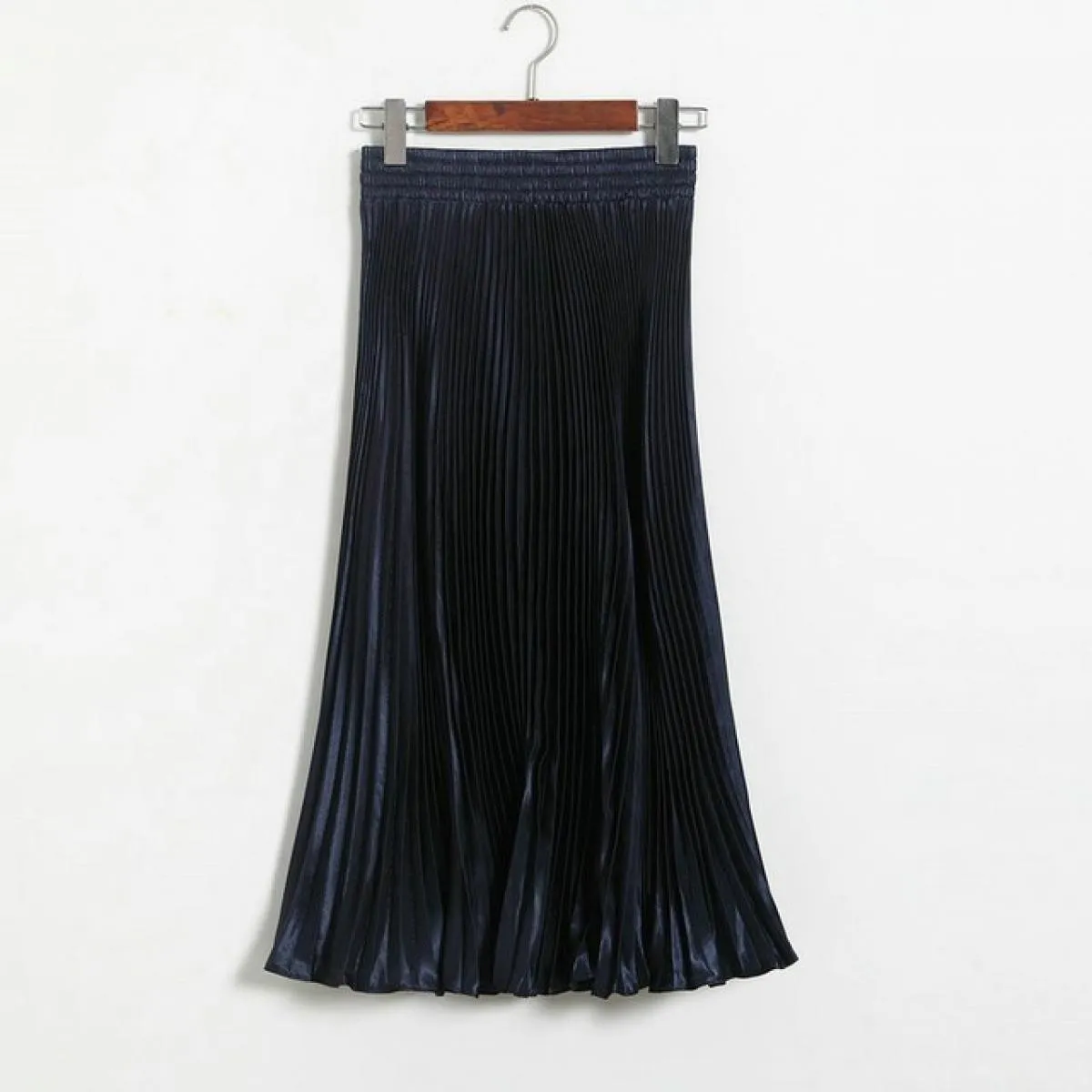 Gonna a sirena a pieghe da donna Stile primaverile femminile Casual Vita alta in raso Midi Gonne lunghe Shiny Saias 17 colori Sk