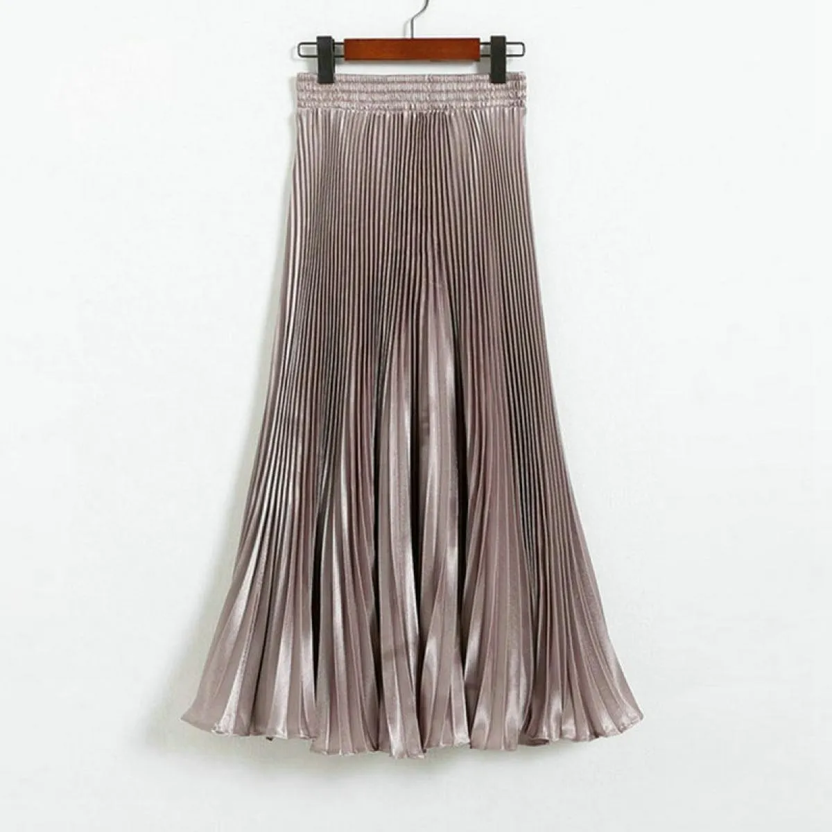 Gonna a sirena a pieghe da donna Stile primaverile femminile Casual Vita alta in raso Midi Gonne lunghe Shiny Saias 17 colori Sk